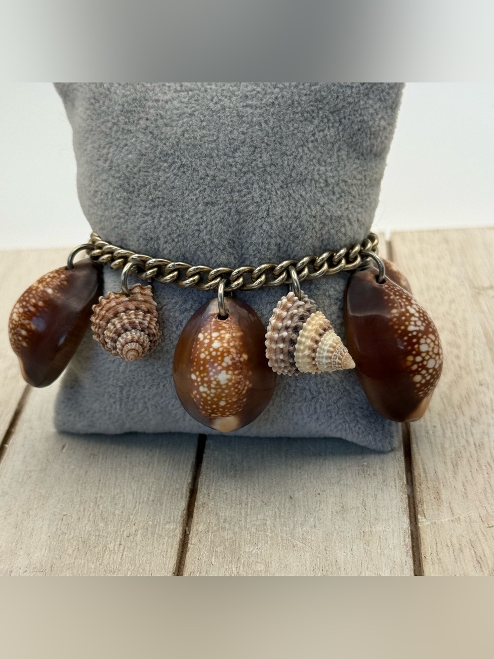 vintage Brown Shell Charm Bracelet with Mixed Shell Dangles